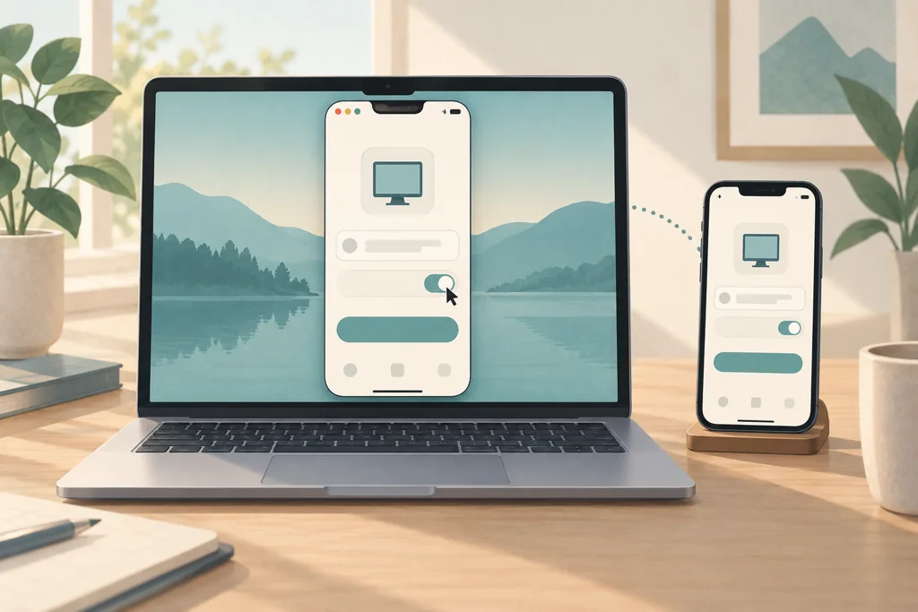 Conceptual illustration of Codex operating a phone app through an iPhone Mirroring window on a Mac