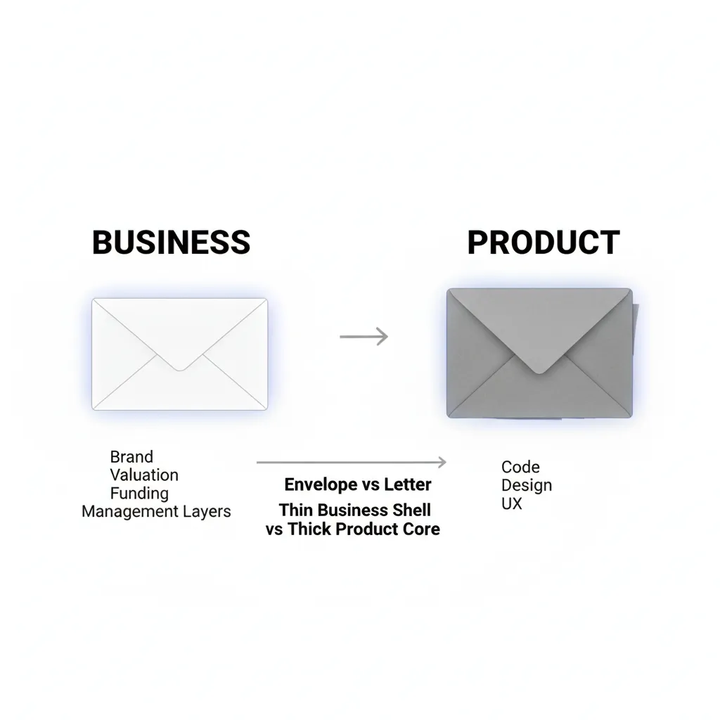 The envelope and the letter — thin business shell vs. thick product core
