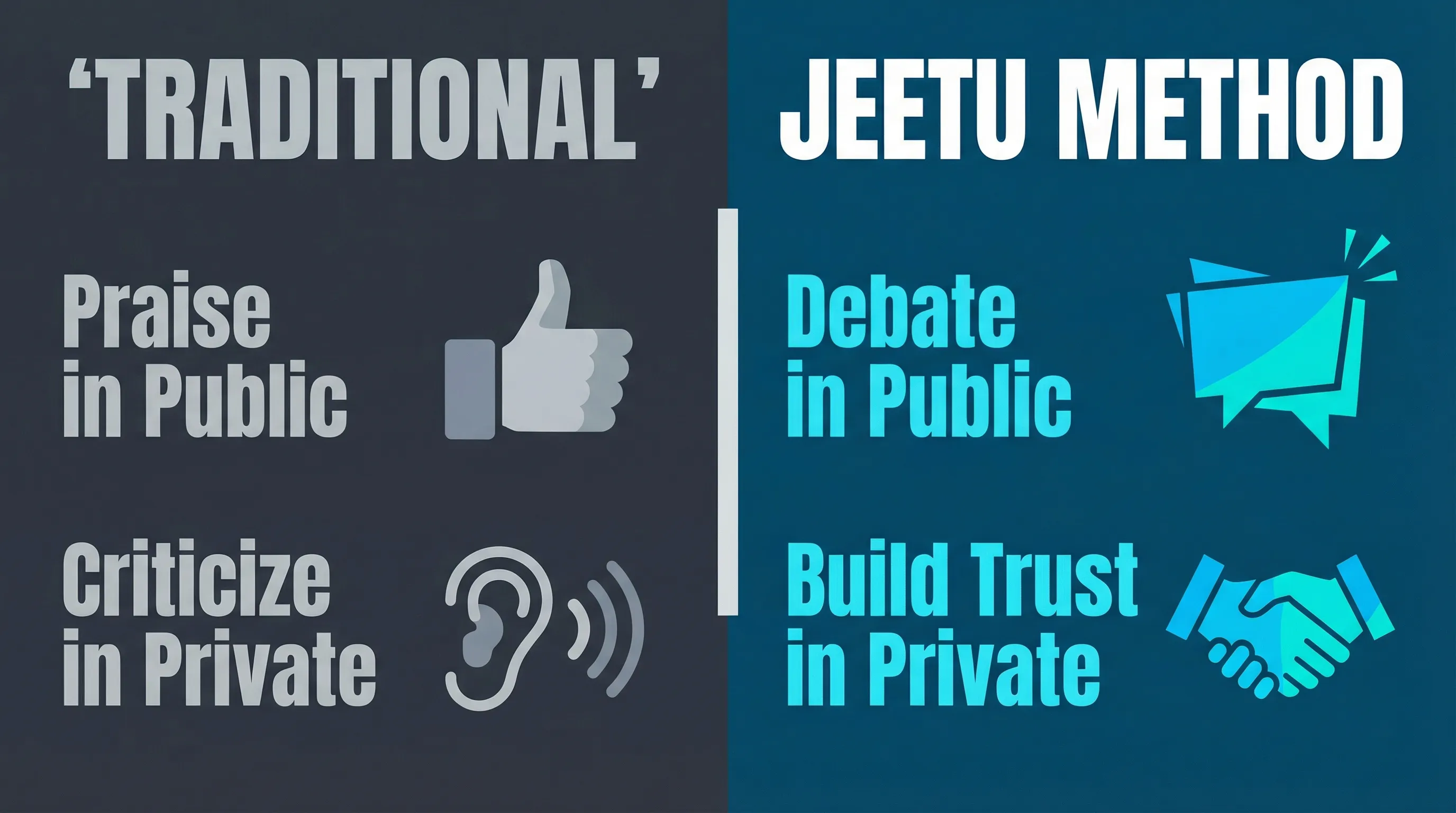 Traditional vs Jeetu Method: Praise in Public & Criticize in Private vs Debate in Public & Build Trust in Private
