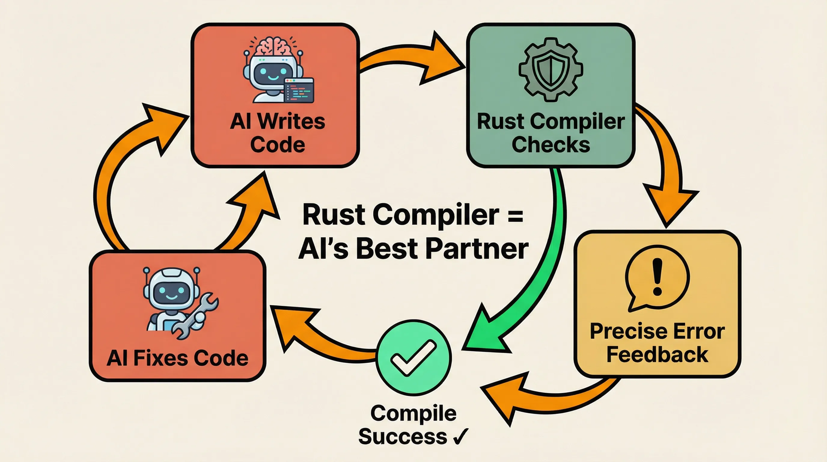 AI + Rust Compiler loop: write code → compile check → precise feedback → fix