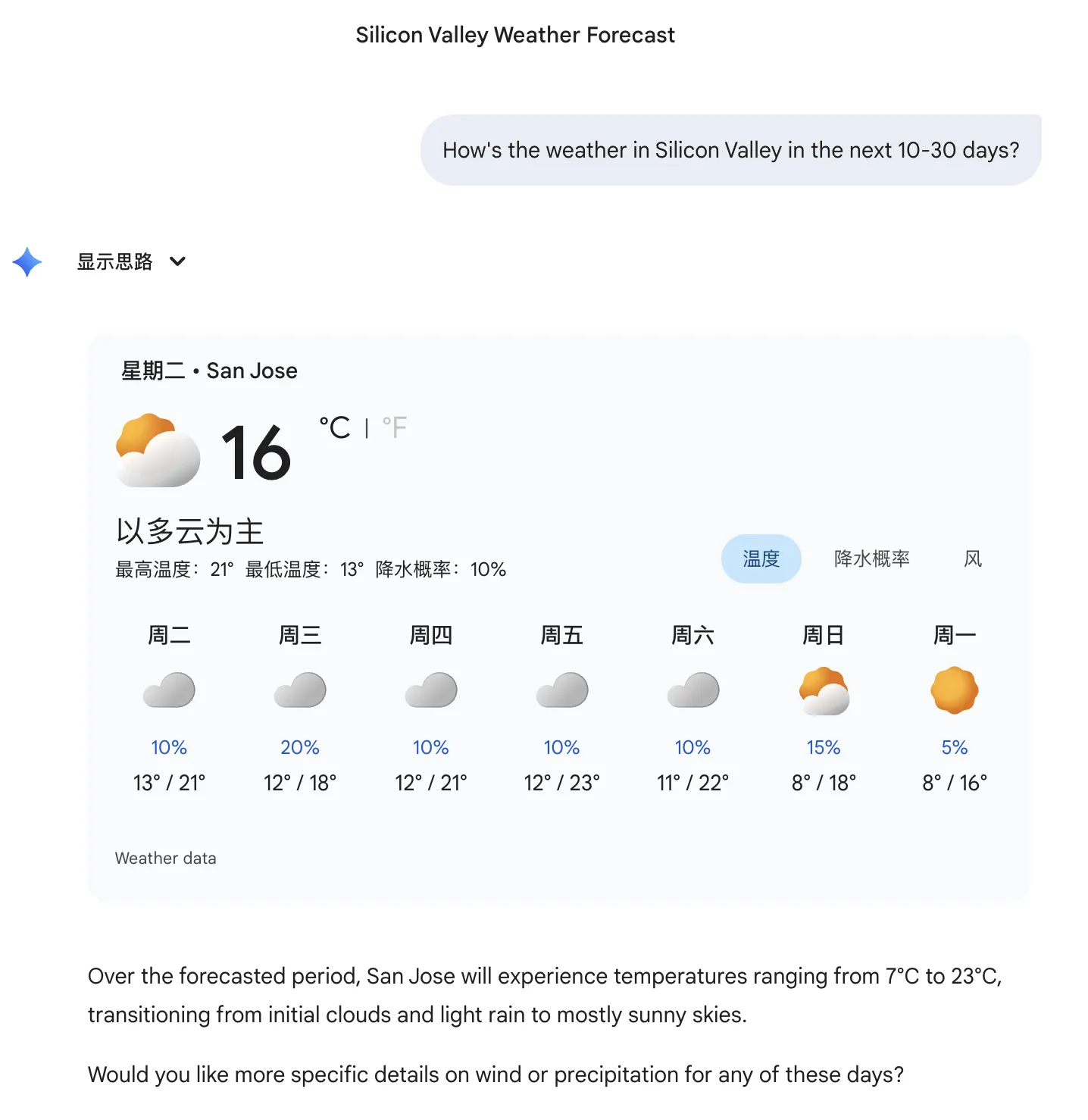 在 Gemini 中询问硅谷未来天气，返回了包含温度、降水概率、7 天预报的天气卡片