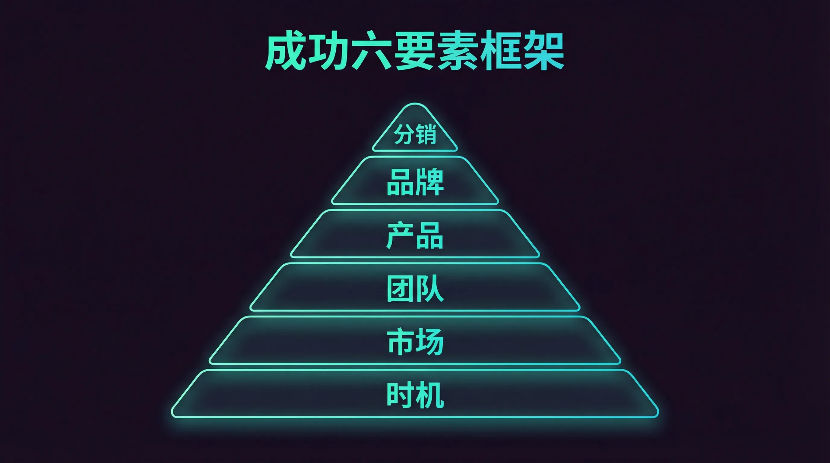 建立伟大公司的六要素金字塔：Timing > Market > Team > Product > Brand > Distribution