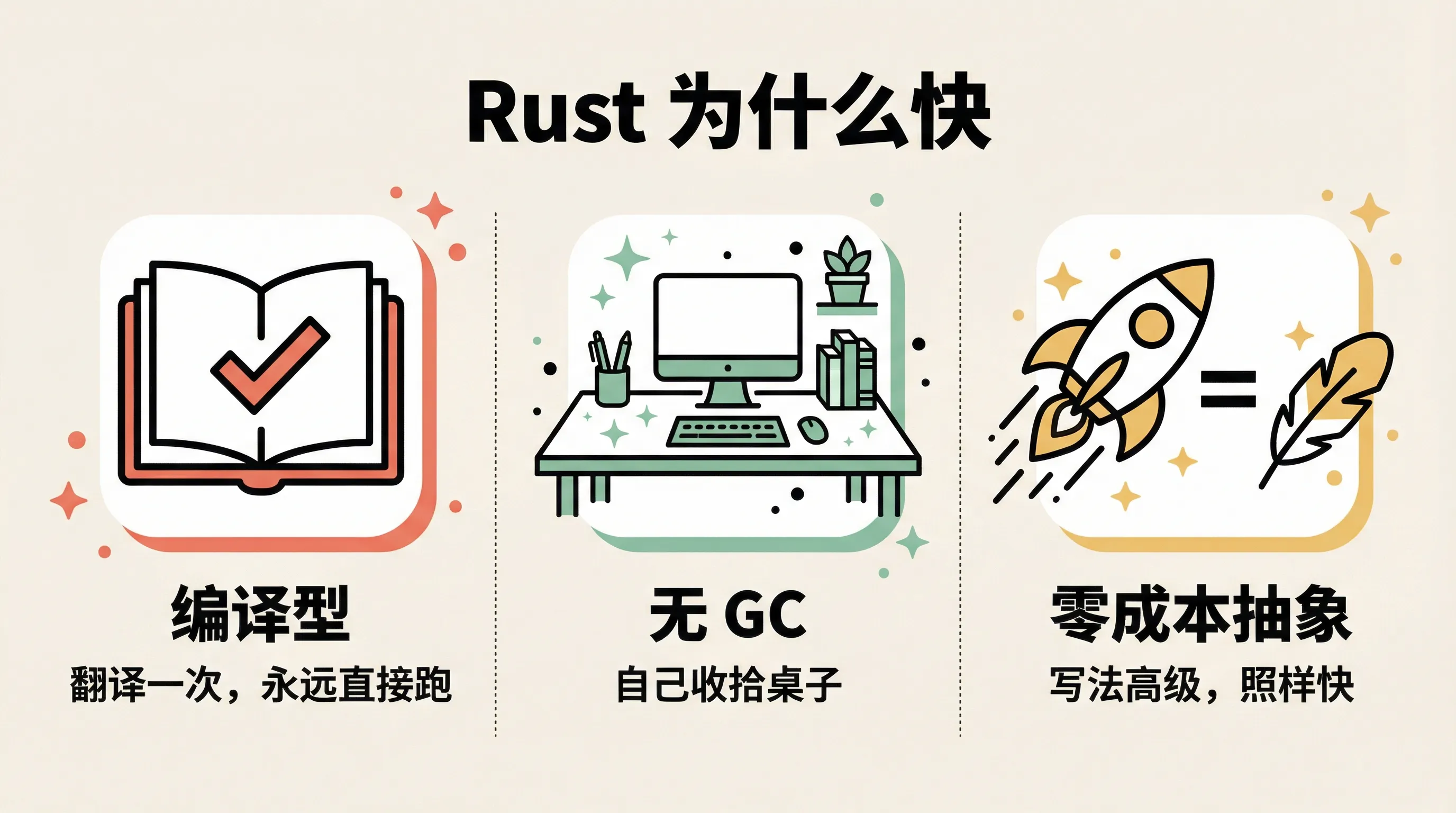 Rust 为什么快：编译型、无 GC、零成本抽象